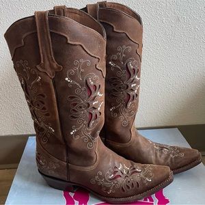 Tanner Mark Brown Butterfly Inlay Cowgirl Boots Size 10